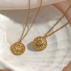 Vintage 18K Gold Sun Pendant Necklace for Women